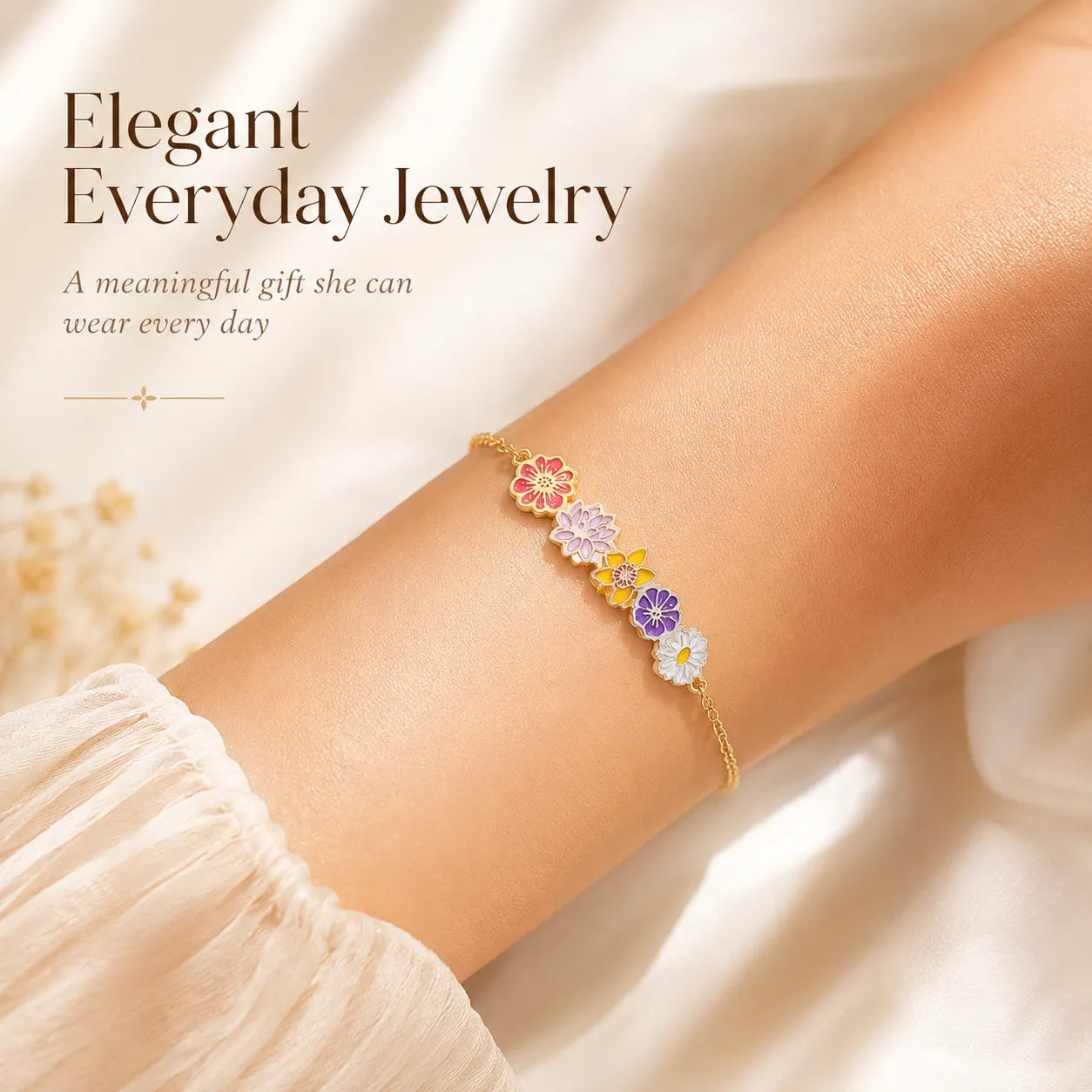 Custom birth flower chain bracelet for mom's grandmother—personalized family flower bracelet with 1–8 flowers