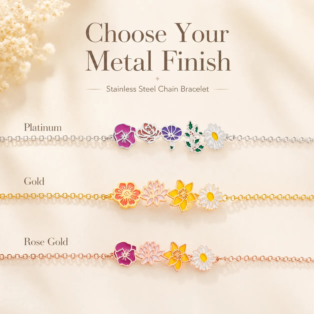 Custom birth flower chain bracelet for mom's grandmother—personalized family flower bracelet with 1–8 flowers