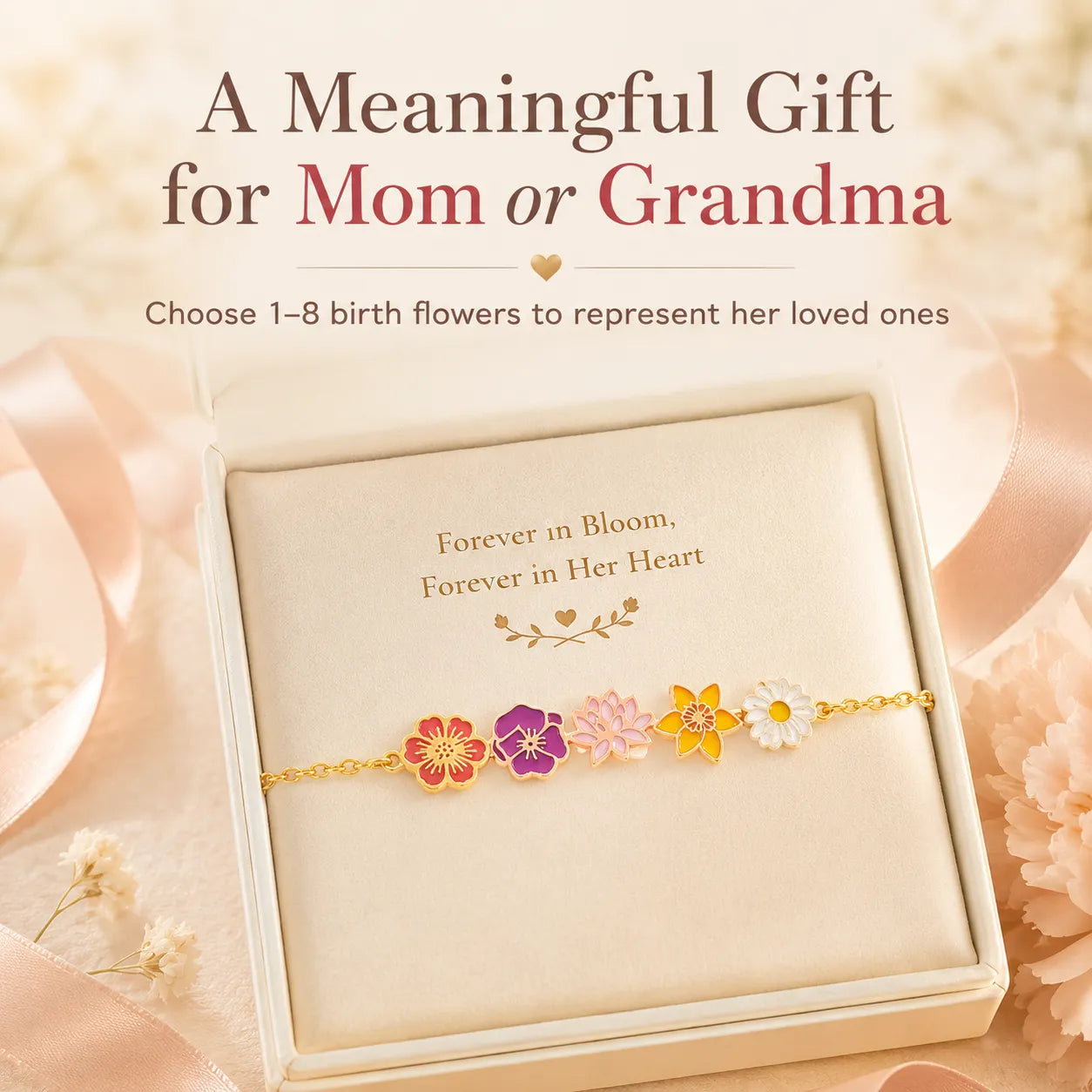 Custom birth flower chain bracelet for mom's grandmother—personalized family flower bracelet with 1–8 flowers