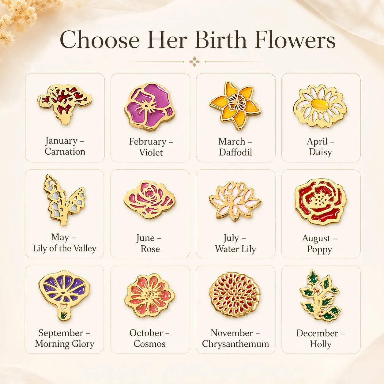 Custom birth flower chain bracelet for mom's grandmother—personalized family flower bracelet with 1–8 flowers